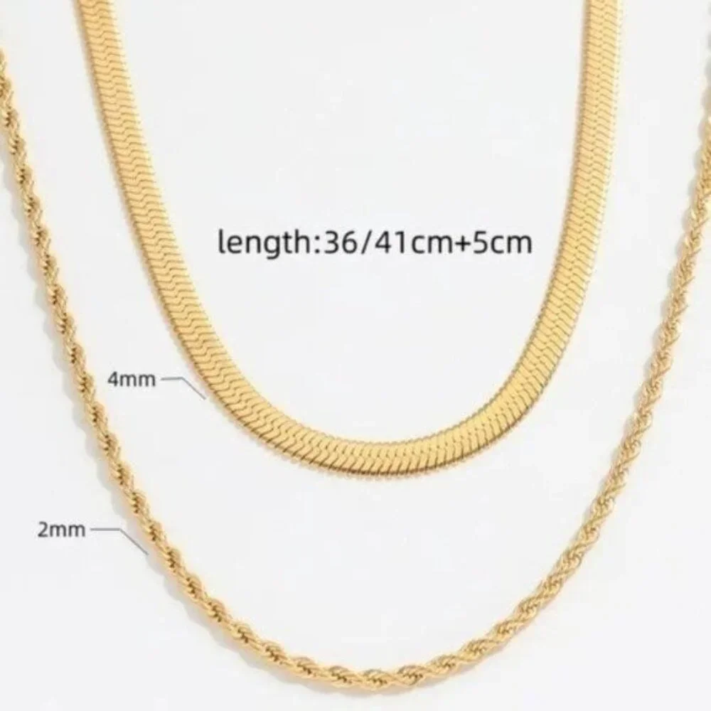 Necklace Layered Gold Herringbone & Gold Rope Chain Necklace WATERPROOF Necklace - Picture 12 of 13